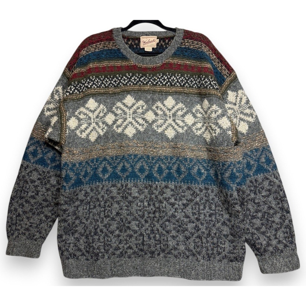 Woolrich Sweater Mens XL Multi Fair Isle Snowflake Handknit Wool Silk Blend Crew